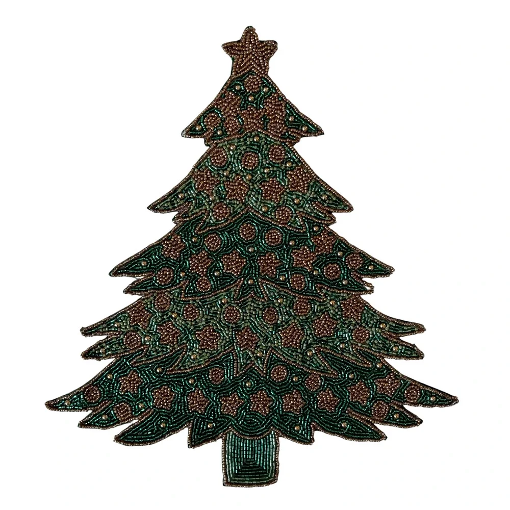 2pc Nicole Miller Beaded Christmas Tree Placemats Green Gold Holiday Glam NEW